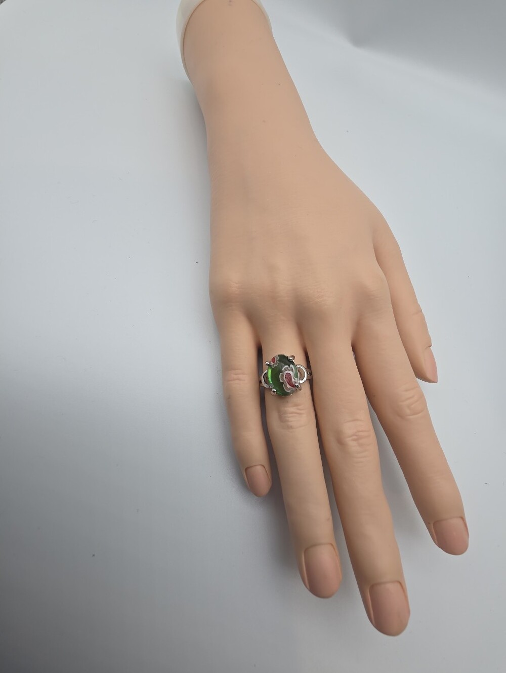 Silver Floral Enamel Ring in Green and Pink - Women Jewelry. SIZE 6